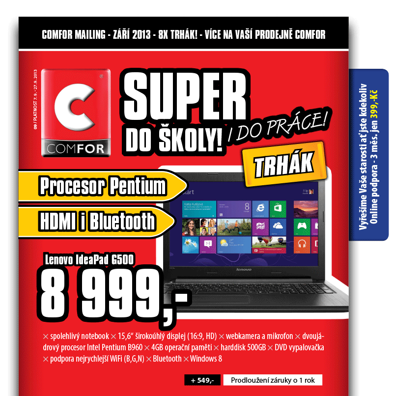 SUPER DO ŠKOLY I DO PRÁCE! //  Lenovo IdeaPad G500  // × spolehlivý notebook × 15,6“ širokoúhlý displej (16:9, HD) × webkamera a mikrofon × dvoujádrový procesor Intel Pentium B960 × 4GB operační paměti × harddisk 500GB × DVD vypalovačka × podpora nejrychlejší WiFi (B,G,N) × Bluetooth × Windows 8 // 8 999,-